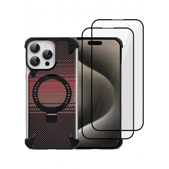 CATANES 3Packs Case Cover for iPhone 15 Pro Max, Magnetic Ring Stand, Carbon Fiber Texture, Shockproof Armor, MagSafe Compatible with Two Screen Protectors - Brown