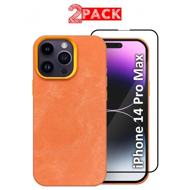 CATANES 2Packs iPhone 14 Pro Max Alcantara Case Cover Premium Quality Luxurious Soft Touch Protection with Metal Camera Frame with a 3D Screen Protector - Orange