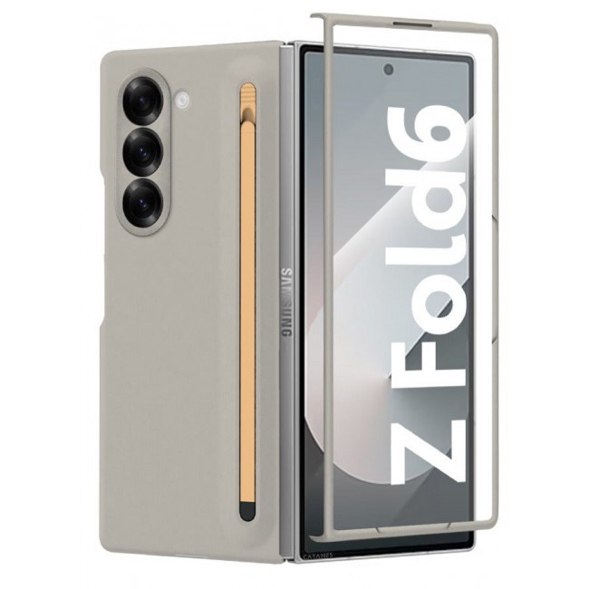 CATANES (for Samsung Galaxy Z Fold 6) Case with Screen Protector Ultra Hybrid Premium Case with Built-in New Compact S Pen, Holder and Storage Slot for Pen Sand Grey