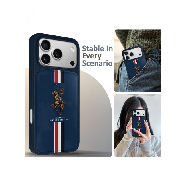 CATANES City Knights Club Luxury iPhone 17 Pro Max Case with Card Holder – Premium Men’s Gift Idea – Professional Camo Business Tech Cover with Shockproof Armor & Designer Polo Embroidery- Dark Blue