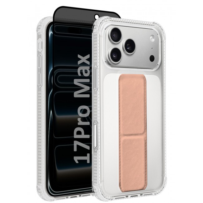 CATANES 2 Packs Finger Grip Clear Case Cover for iPhone 17 Pro Max - Kickstand Car Magnetic Holder Multi-function Protective Two-in-one Case with Privacy Screen Protector - Pink