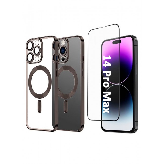 CATANES 2Pack for iPhone 14 Pro Max Magsafe Case and Screen Protector Clear Electroplating Frame Wireless Charging Cover with Tempered Glass Brown/Clear