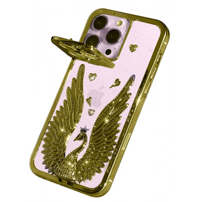 CATANES iPhone 15 Pro Max Bling Case Peacock Glitter Hard TPU Shockproof Protection Cover With Kickstand for Women Girls Gold