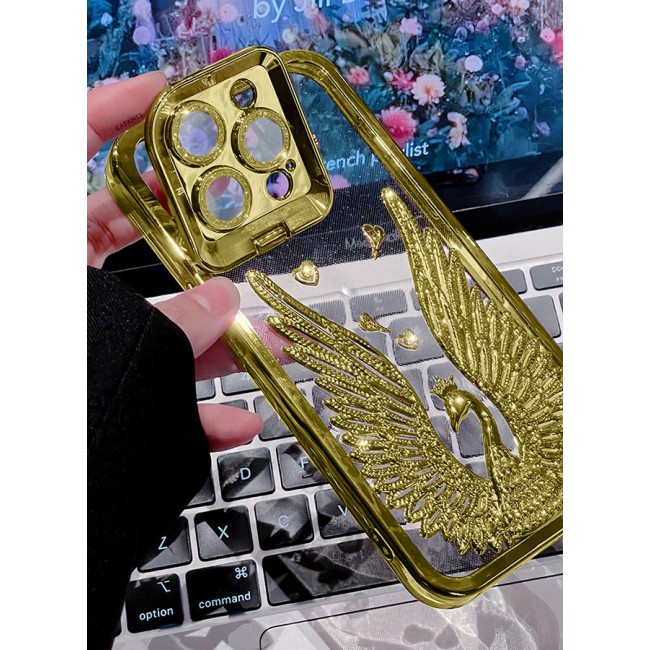 CATANES iPhone 15 Pro Max Bling Case Peacock Glitter Hard TPU Shockproof Protection Cover With Kickstand for Women Girls Gold