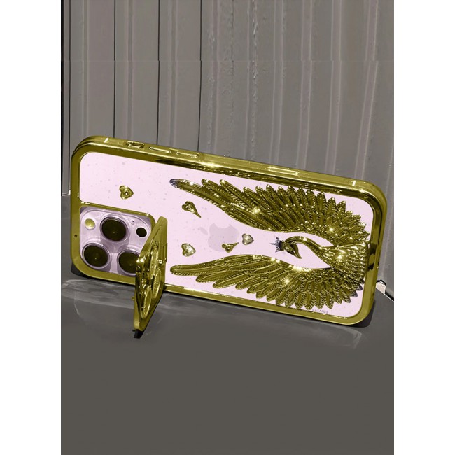 CATANES iPhone 15 Pro Max Bling Case Peacock Glitter Hard TPU Shockproof Protection Cover With Kickstand for Women Girls Gold
