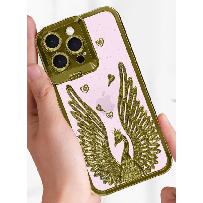 CATANES iPhone 15 Pro Max Bling Case Peacock Glitter Hard TPU Shockproof Protection Cover With Kickstand for Women Girls Gold