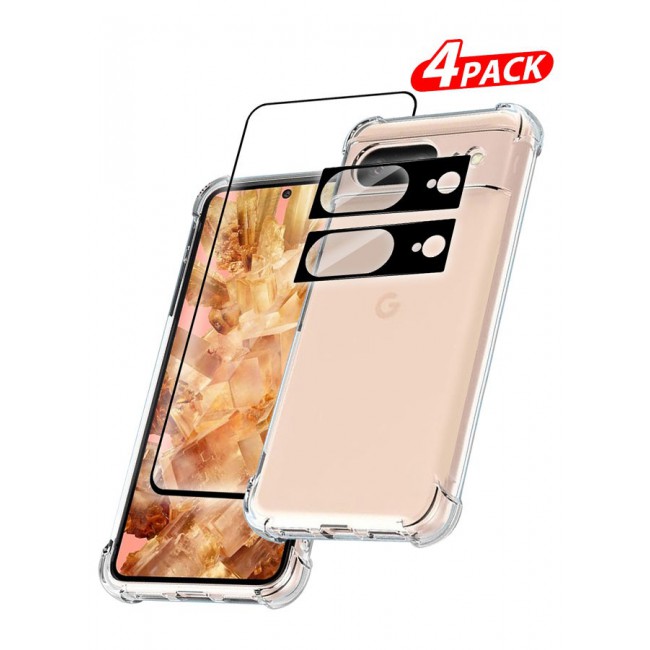 CATANES 4 Packs For Google Pixel 8 TPU Case and Screen Protector and 2 Camera Lens Protectors Clear Transparent Shockproof Protective Phone Case Scratch Resistant Reinforced Corners Cover