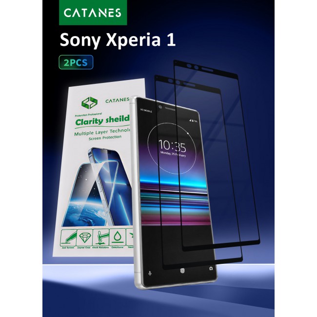 CATANES 2 PACK Screen Protector for Sony Xperia 1 Tempered Glass, Scratch-Resistant, 9H Hardness High-Definition Clear Guard, Black Side