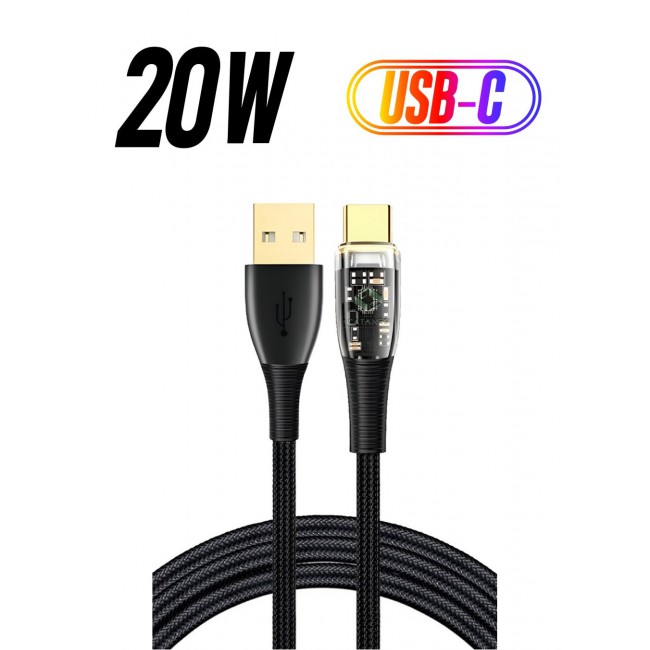 CATANES USB Cable to Type C Fast Charging Cable Transparent Adapter Fast Charging Cable Black 1M