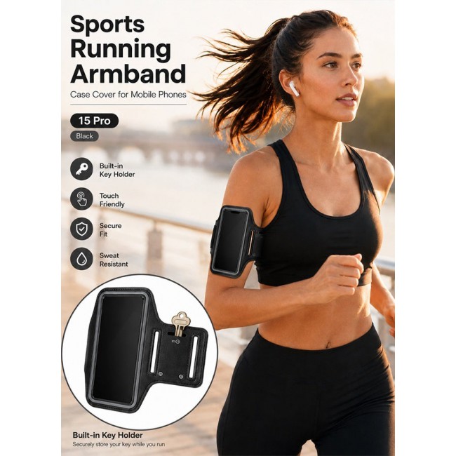 MARGOUN Sports Running Armband Case Compatible with iPhone 15 Pro – Water-Resistant Fitness Wristband Pouch for Gym, Workouts, Jogging with Key Holder and Reflective Strip