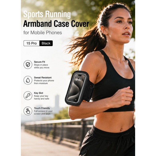 MARGOUN Sports Running Armband Case Compatible with iPhone 15 Pro – Water-Resistant Fitness Wristband Pouch for Gym, Workouts, Jogging with Key Holder and Reflective Strip