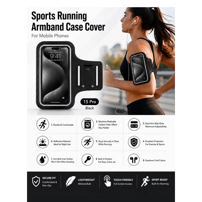 MARGOUN Sports Running Armband Case Compatible with iPhone 15 Pro – Water-Resistant Fitness Wristband Pouch for Gym, Workouts, Jogging with Key Holder and Reflective Strip