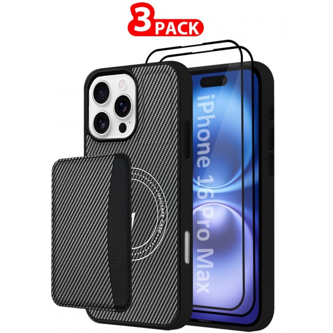 CATANES iPhone 16 Pro Max Case Leather 3Packs Antifingerprint Cover with Detachable Wallet Card Slot Shell Insert Card Holder Anti Fall Protection Carbon Fiber Design with Two 3D Screen Protectors - Black