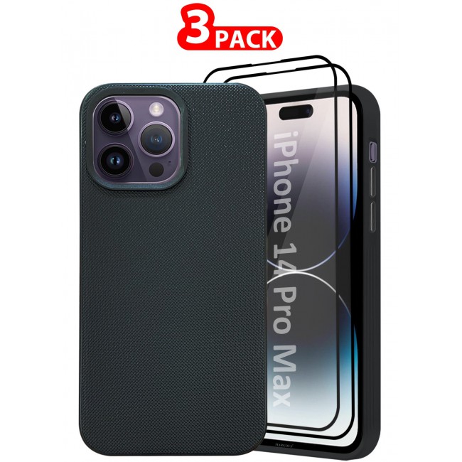 CATANES iPhone 14 Pro Max 3 Pack Vegan Leather Case, 1 Cover with 2 Screen Protectors, Slim Fit, Raised Edges for Camera and Screen Protection