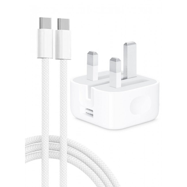 CATANES 20W USB-C PD Fast Charger with 60W Braided Type-C to Type-C Cable (1m) – UK 3-Pin Plug for iPhone 16 Pro