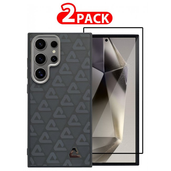 CATANES (for Samsung Galaxy S24 Ultra) 2 Pack Case and Screen Protector Leather Back Cover Triangle Pattern Shockproof Protective Phone Case Black