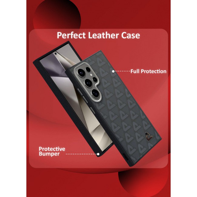 CATANES (for Samsung Galaxy S24 Ultra) 2 Pack Case and Screen Protector Leather Back Cover Triangle Pattern Shockproof Protective Phone Case Black