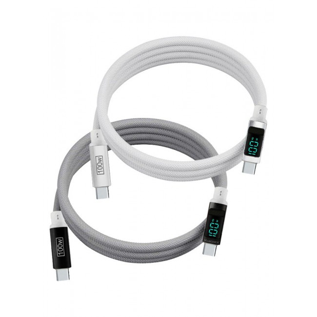 CATANES 2Packs 100W Fast Charging Cable USB-C to USB-C - Built-in Power Display, PD 3.0 & Durable Braided Design 1M - Light Grey White