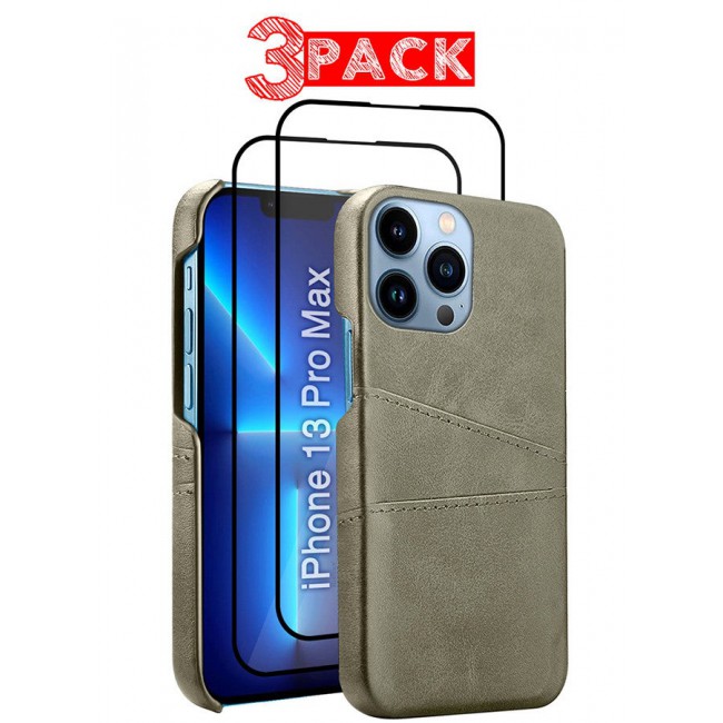 CATANES iPhone 13 Pro Max 3Packs Case Cover Leather with Card Holder for Men Women Phone Case with 3D Screen Protector - Grey
