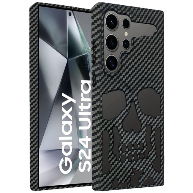CATANES Galaxy S24 Ultra Case Cover Soft TPU and Glossy with Skull Design - Carbon Fiber
