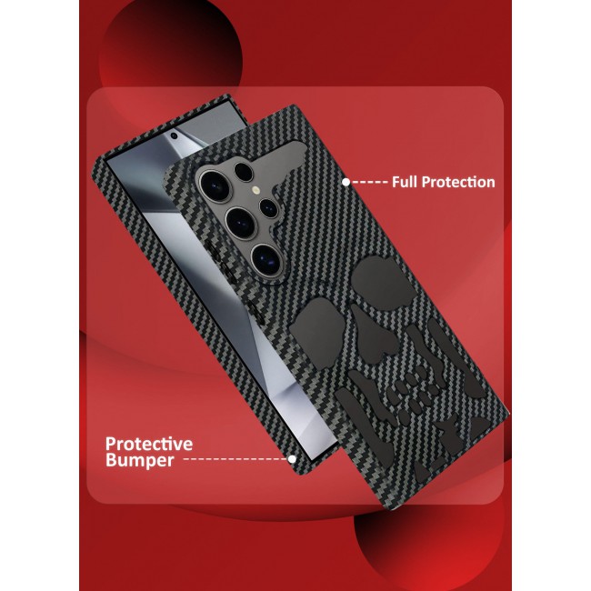 CATANES Galaxy S24 Ultra Case Cover Soft TPU and Glossy with Skull Design - Carbon Fiber