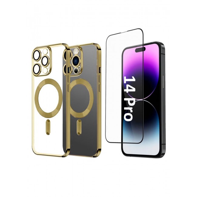 CATANES 2Pack for iPhone 14 Pro Magsafe Case and Screen Protector Clear Electroplating Frame Wireless Charging Cover with Tempered Glass Gold/Clear