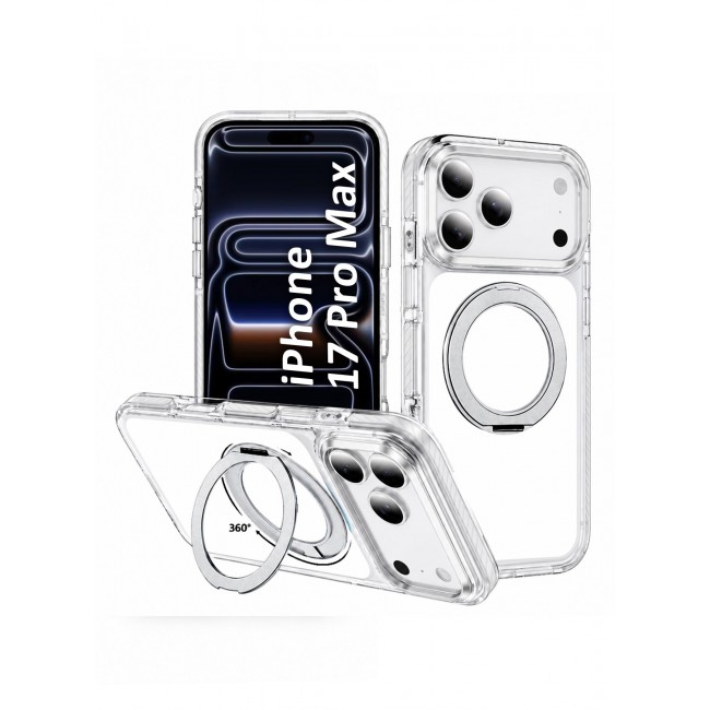 CATANES Magnetic Case For iPhone 17 Pro Max Clear TPU Cover with 360-Degree Rotating Ring Kickstand - Silver