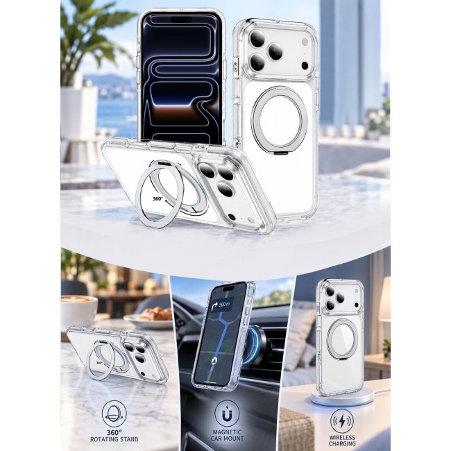 CATANES Magnetic Case For iPhone 17 Pro Max Clear TPU Cover with 360-Degree Rotating Ring Kickstand - Silver