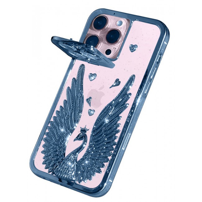 CATANES iPhone 15 Pro Max Bling Case Peacock Glitter Hard TPU Shockproof Protection Cover With Kickstand for Women Girls Blue