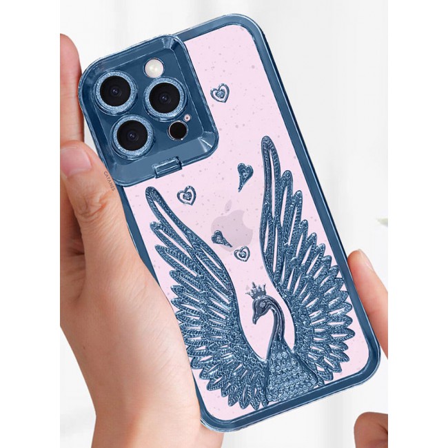 CATANES iPhone 15 Pro Max Bling Case Peacock Glitter Hard TPU Shockproof Protection Cover With Kickstand for Women Girls Blue