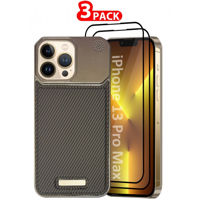 CATANES iPhone 13 Pro Max 3 Pack Case Leather Metal Design, Slim Lightweight Minimalist Cover,1 Case 2 Screen Protectors