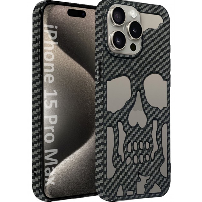 CATANES iPhone 15 Pro Max Case Cover Soft TPU and Glossy with Skull Design - Carbon Fiber