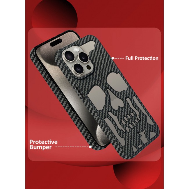 CATANES iPhone 15 Pro Max Case Cover Soft TPU and Glossy with Skull Design - Carbon Fiber