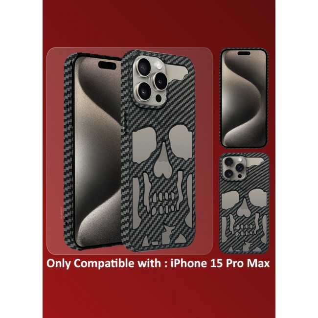 CATANES iPhone 15 Pro Max Case Cover Soft TPU and Glossy with Skull Design - Carbon Fiber