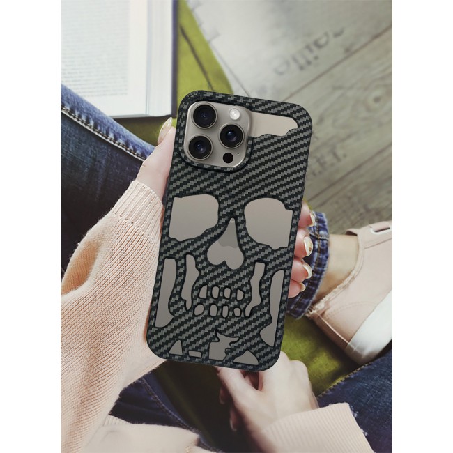 CATANES iPhone 15 Pro Max Case Cover Soft TPU and Glossy with Skull Design - Carbon Fiber