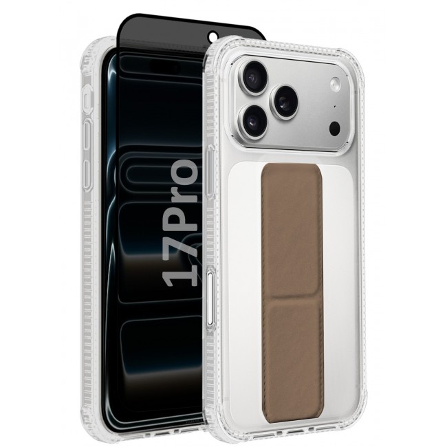 CATANES 2 Packs Finger Grip Clear Case Cover for iPhone 17 Pro- Kickstand Car Magnetic Holder Multi-function Protective Two-in-one Case with Privacy Screen Protector - Brown