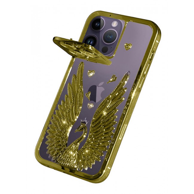 CATANES iPhone 14 Pro Max Bling Case Peacock Glitter Hard TPU Shockproof Protection Cover With Kickstand for Women Girls Gold