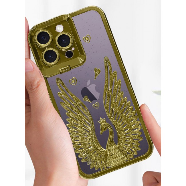 CATANES iPhone 14 Pro Max Bling Case Peacock Glitter Hard TPU Shockproof Protection Cover With Kickstand for Women Girls Gold