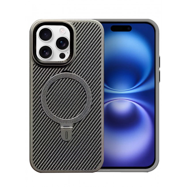 CATANES ( for iPhone 16 Pro Max ) Case, Carbon Fiber Texture, Metal Bracket, Magsafe Kickstand Case Cover - Grey