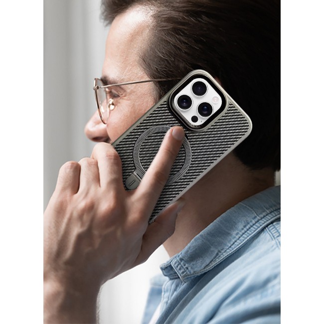 CATANES ( for iPhone 16 Pro Max ) Case, Carbon Fiber Texture, Metal Bracket, Magsafe Kickstand Case Cover - Grey