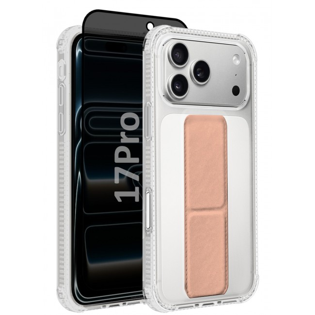 CATANES 2 Packs Finger Grip Clear Case Cover for iPhone 17 Pro- Kickstand Car Magnetic Holder Multi-function Protective Two-in-one Case with Privacy Screen Protector - Pink