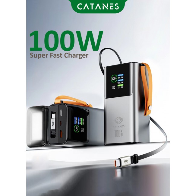 CATANES 30,000mAh Power Bank 100W Super Fast Charging, PD 3.0 Portable Charger with Built-in USB-C Cable & Smart Digital Display, External Battery Pack for MacBook Pro, iPhone 17/16, Samsung S26/S25 Ultra, iPad & Laptops - Grey