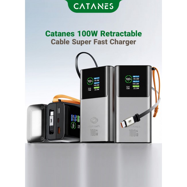 CATANES 30,000mAh Power Bank 100W Super Fast Charging, PD 3.0 Portable Charger with Built-in USB-C Cable & Smart Digital Display, External Battery Pack for MacBook Pro, iPhone 17/16, Samsung S26/S25 Ultra, iPad & Laptops - Grey