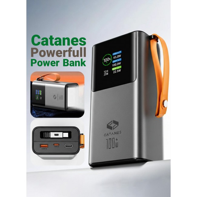 CATANES 30,000mAh Power Bank 100W Super Fast Charging, PD 3.0 Portable Charger with Built-in USB-C Cable & Smart Digital Display, External Battery Pack for MacBook Pro, iPhone 17/16, Samsung S26/S25 Ultra, iPad & Laptops - Grey