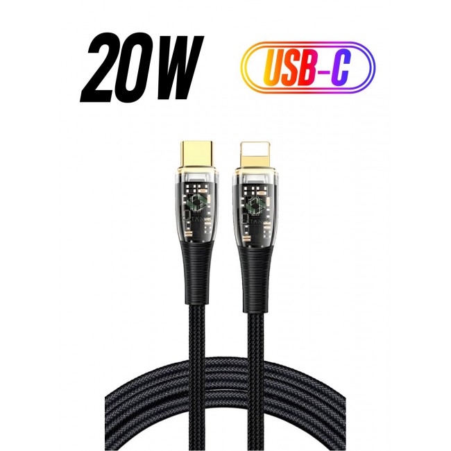 CATANES USB Type C to Lightning Cable Fast Charging Cable Transparent Adapter Fast Charging Cable Black 1M