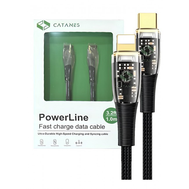 CATANES USB Type C to Lightning Cable Fast Charging Cable Transparent Adapter Fast Charging Cable Black 1M