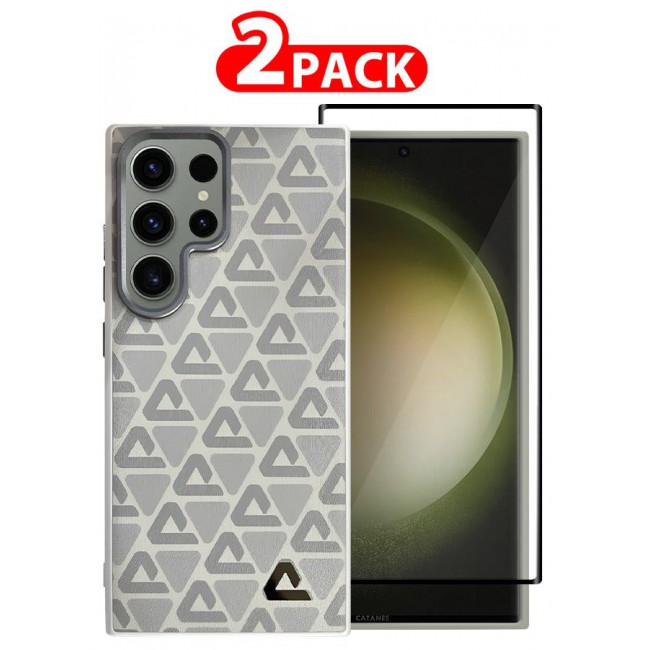 CATANES (for Samsung Galaxy S23 Ultra) 2 Pack Case and Screen Protector Leather Back Cover Triangle Pattern Shockproof Protective Phone Case Light Beige