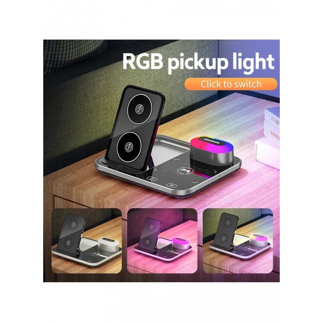 Catanes 4-in-1 Wireless Charger Stand with RGB Light for Phone, Watch & Headset - Black R12