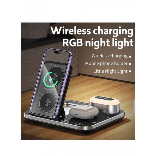 Catanes 4-in-1 Wireless Charger Stand with RGB Light for Phone, Watch & Headset - Black R12