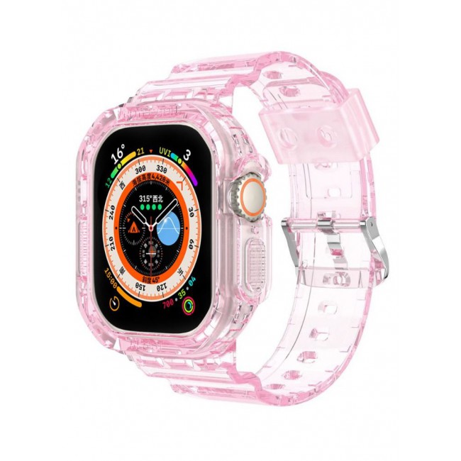 CATANES Apple Watch Ultra Band 49mm Crystal Clear Band with Bumper Case Soft Transparent TPU Strap for iWatch Ultra Pink